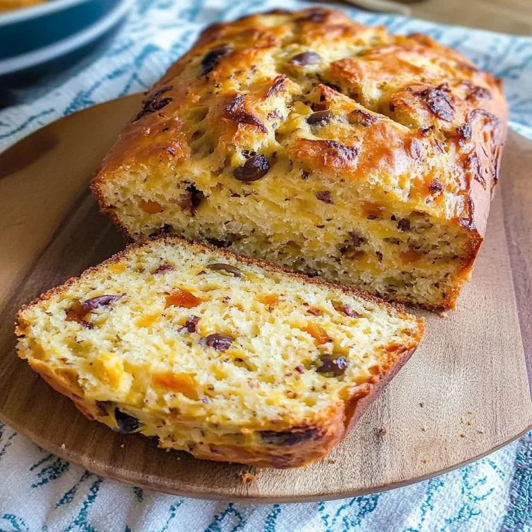 Delicious savory cheese and olive quick bread, fresh out of the oven.