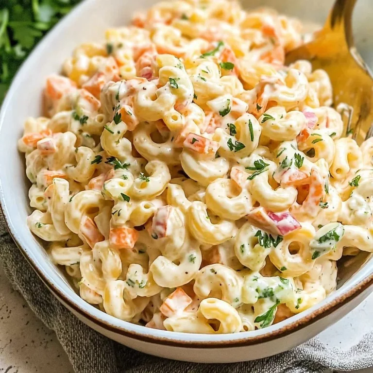Easy and delicious macaroni salad served in a bowl with fresh vegetables