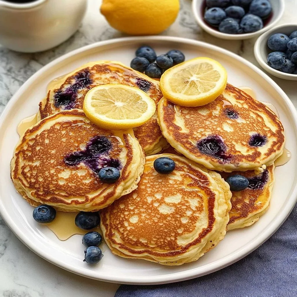 Delicious easy blueberry lemon ricotta pancakes on a plate ready to enjoy.