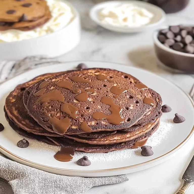 Delicious stack of easy chocolate pancakes with syrup and fresh berries.