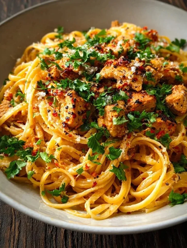 Delicious Cowboy Butter Chicken Linguine dish served on a plate with herbs.
