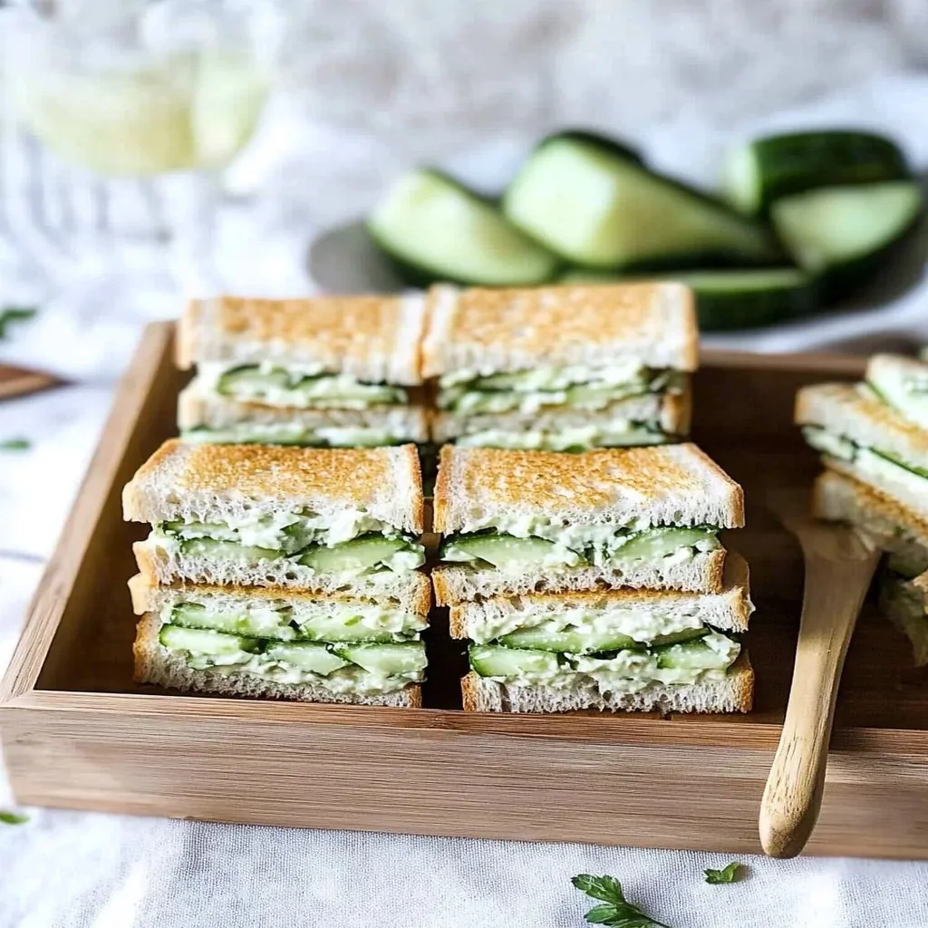 Delicious easy cucumber salad sandwiches on a plate with fresh ingredients