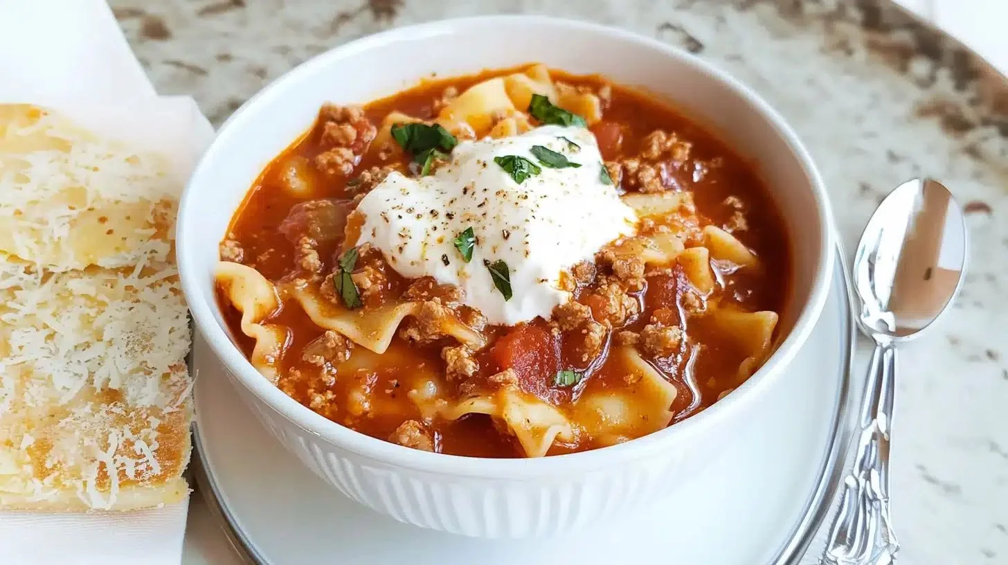 A bowl of easy lasagna soup garnished with herbs and cheese