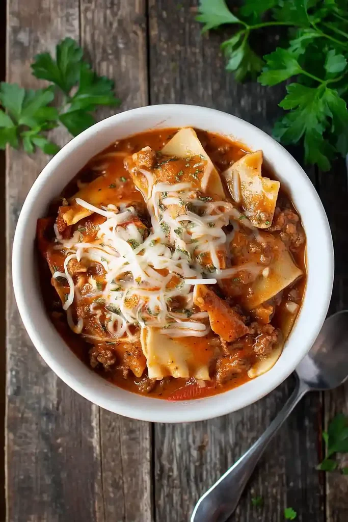 Bowl of easy Lasagna Soup without ricotta, topped with cheese and herbs.