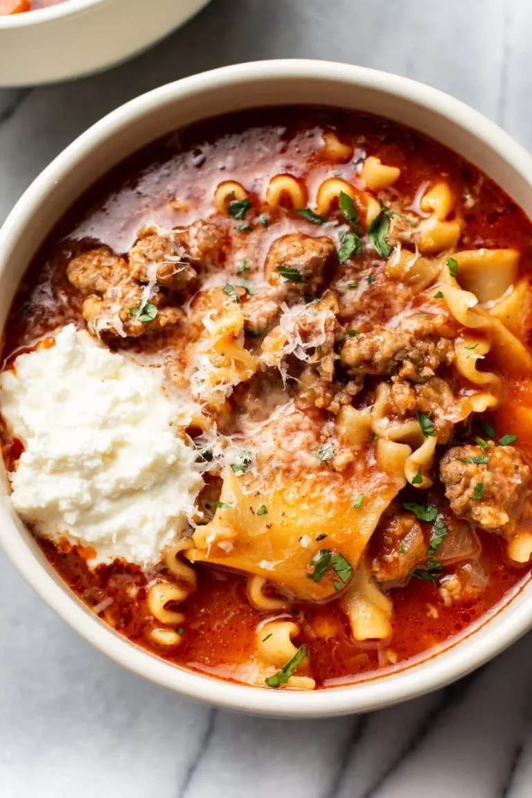 Delicious bowl of easy lasagna soup topped with cheese and herbs