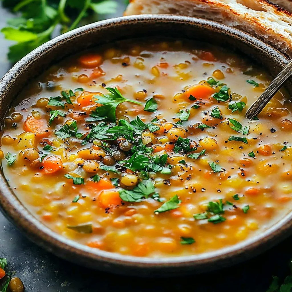 Bowl of delicious easy lemon lentil soup garnished with fresh herbs