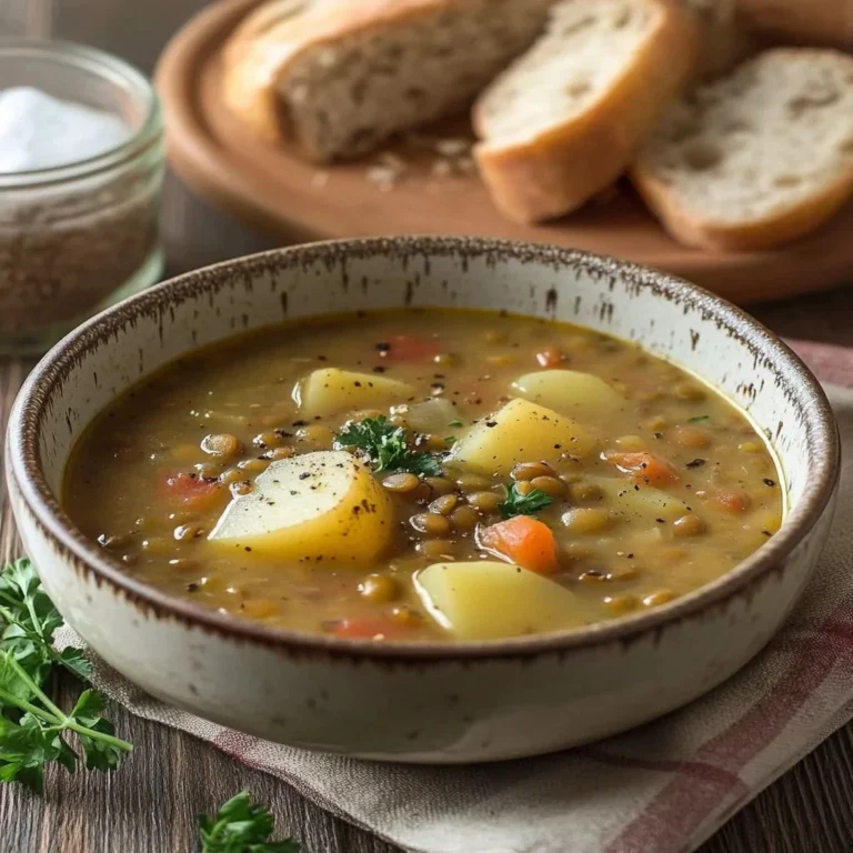 Bowl of easy lentil potato soup garnished with fresh herbs