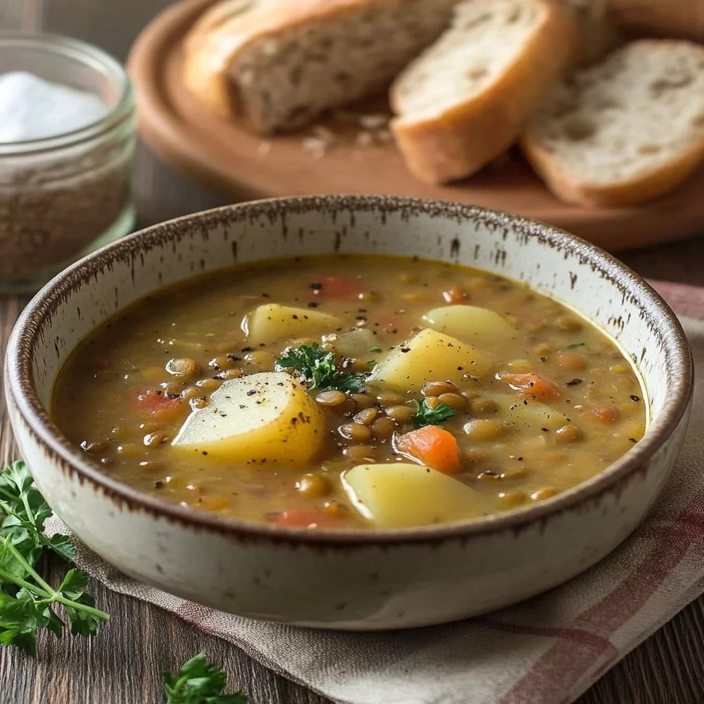 Bowl of easy lentil potato soup garnished with fresh herbs