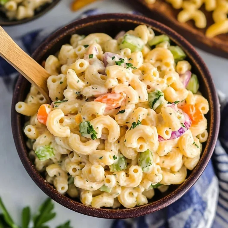 Bowl of easy macaroni salad with vegetables and dressing