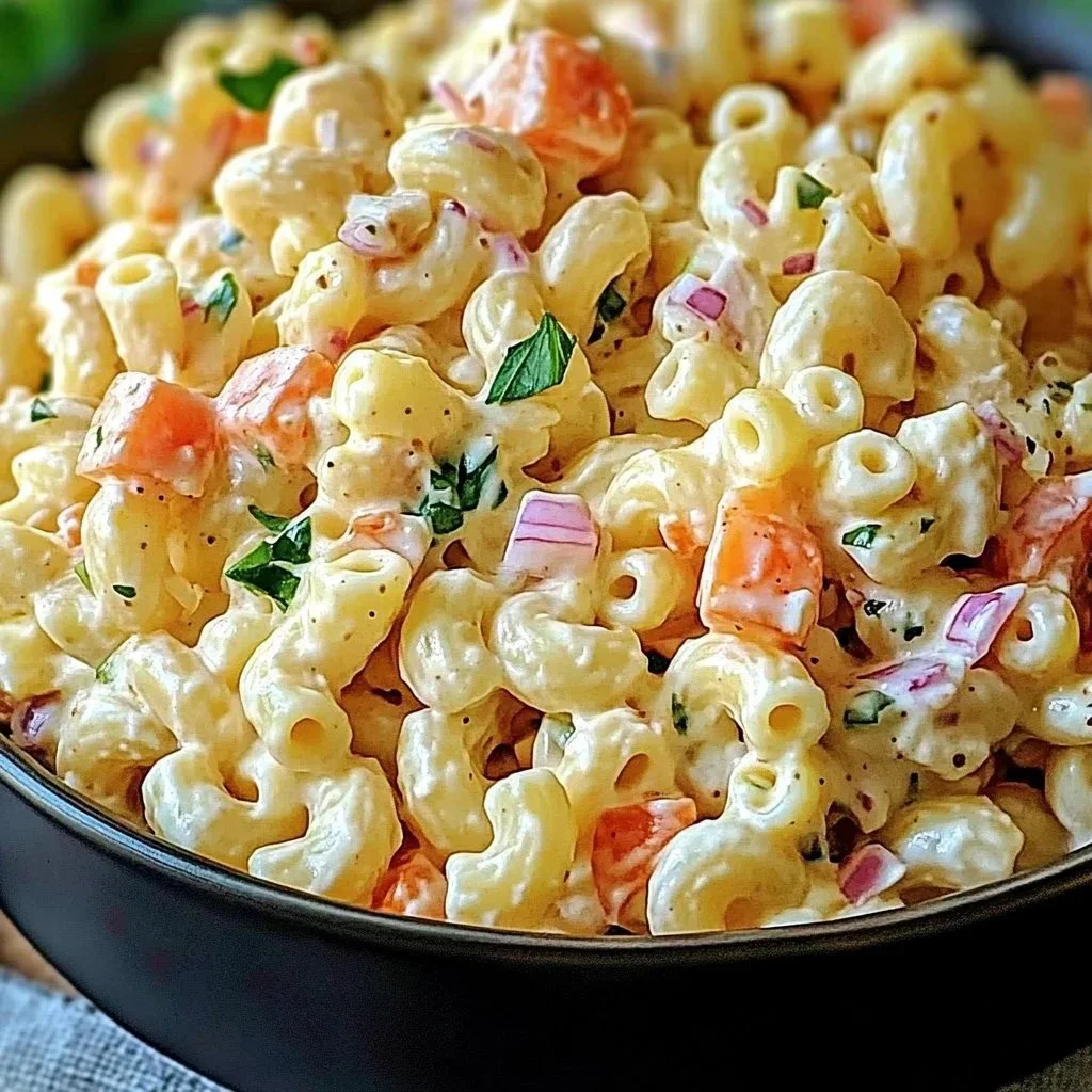 Bowl of easy macaroni salad with celery and bell peppers