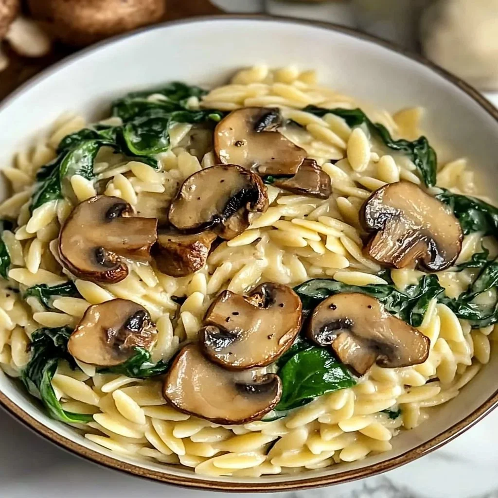 Delicious easy orzo pasta mixed with mushrooms and spinach.