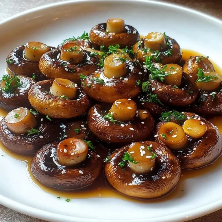 Plate of easy oven-roasted mushrooms seasoned with soy sauce and honey