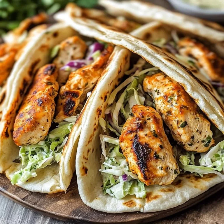 Sheet pan chicken pitas served with fresh herb ranch slaw on a white plate