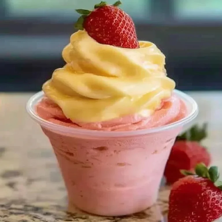 Easy Strawberry Dole Whip dessert in a bowl with a spoon