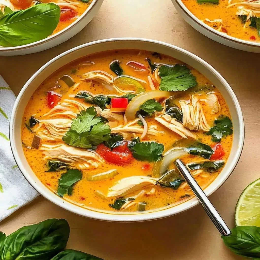 Bowl of easy Thai chicken soup with herbs and spices
