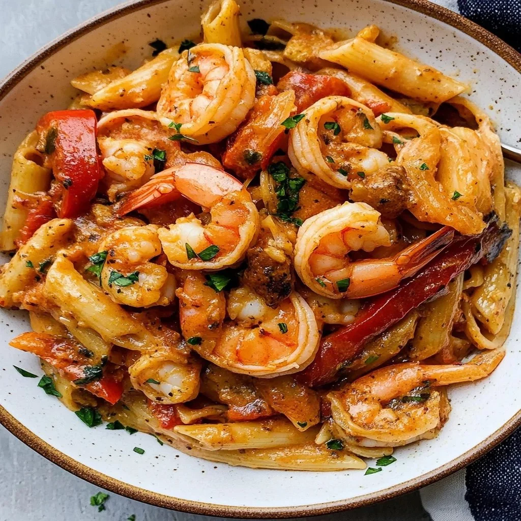 Delicious plate of flavorful Jamaican Shrimp Pasta with spices and herbs