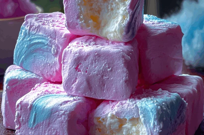 Delicious fluffy cotton candy fudge in vibrant colors on a dessert plate.