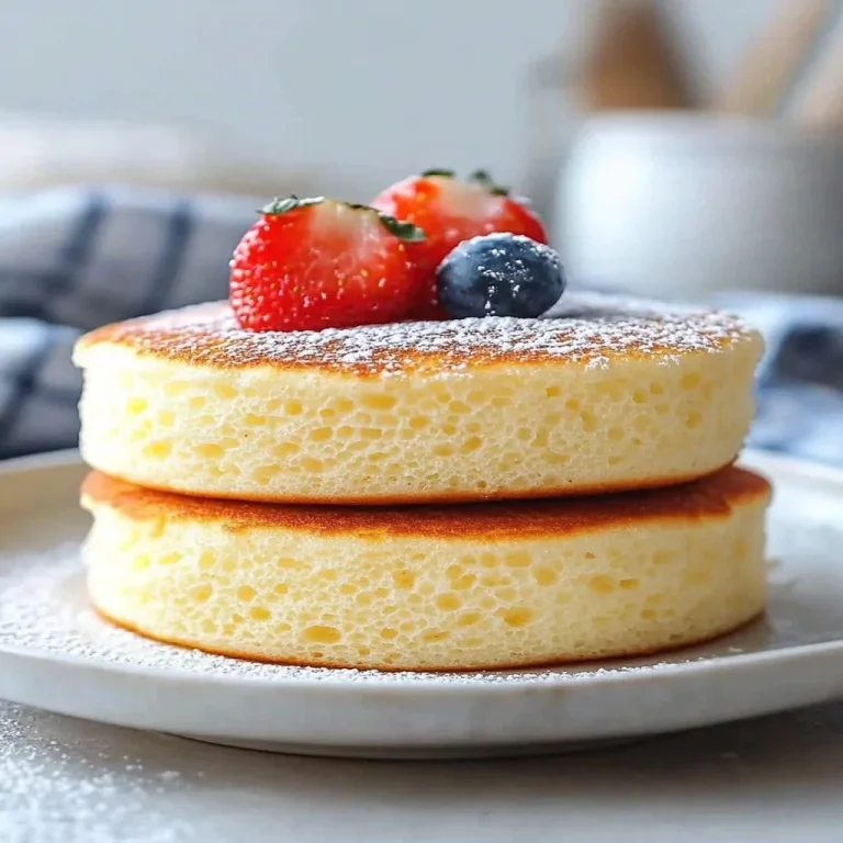 Fluffy Japanese soufflé pancakes stacked with syrup and fruit