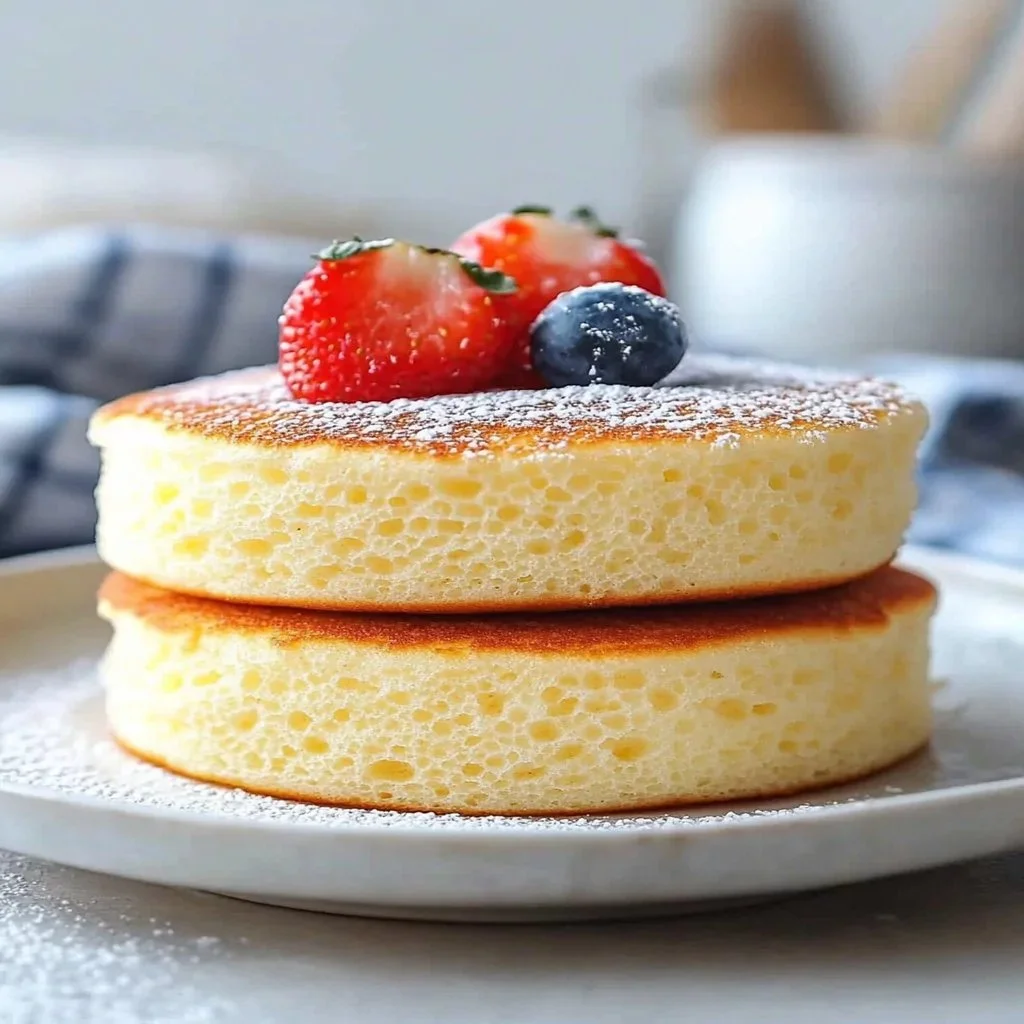 Fluffy Japanese soufflé pancakes stacked with syrup and fruit