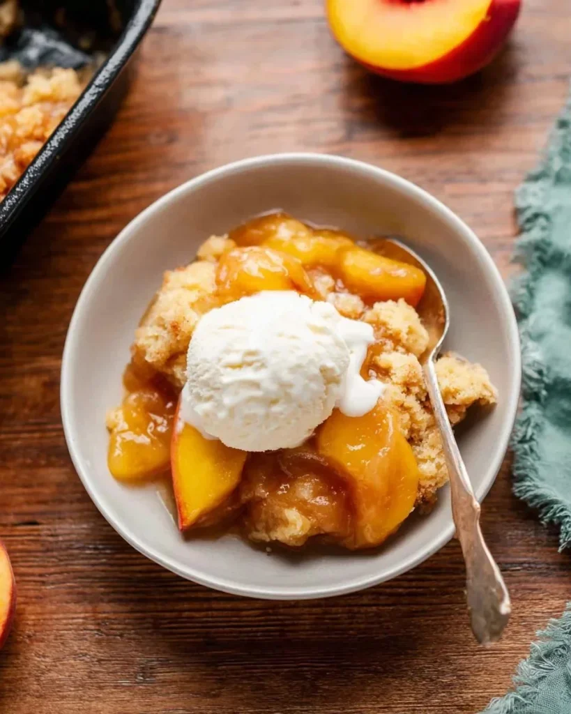 Freshly baked peach cobbler with golden crust and juicy peaches