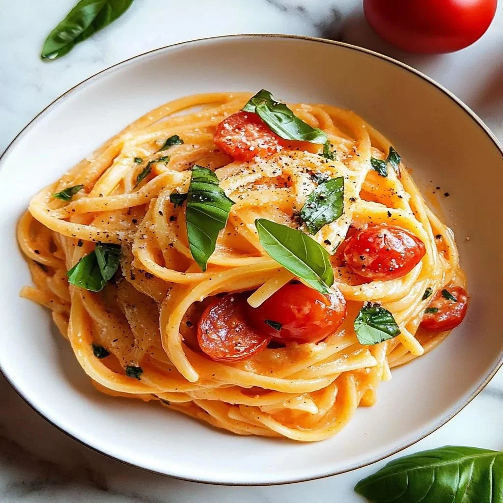 A bowl of fresh tomato pasta with basil and grated cheese on top.