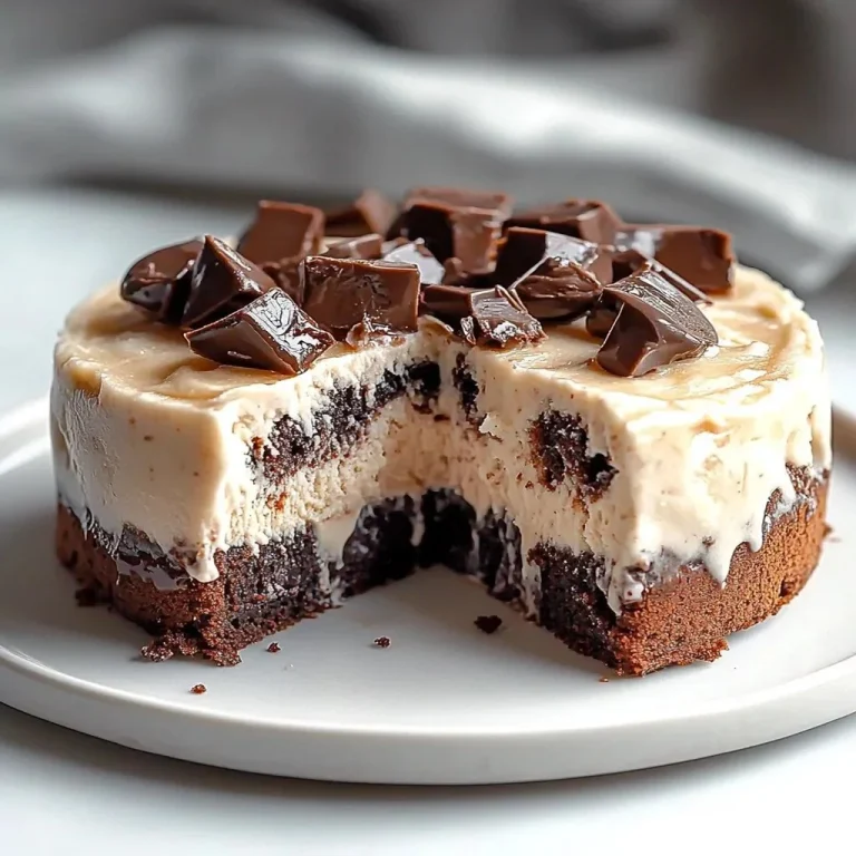 Frozen brownie ice cream cake topped with chocolate and ice cream layers.