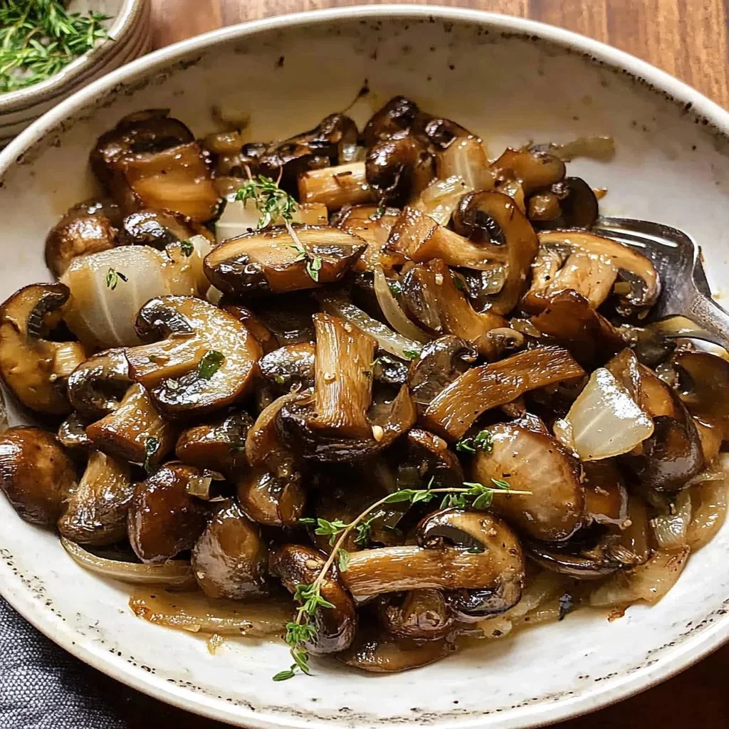 Delicious garlic butter mushrooms and onions served in a skillet.