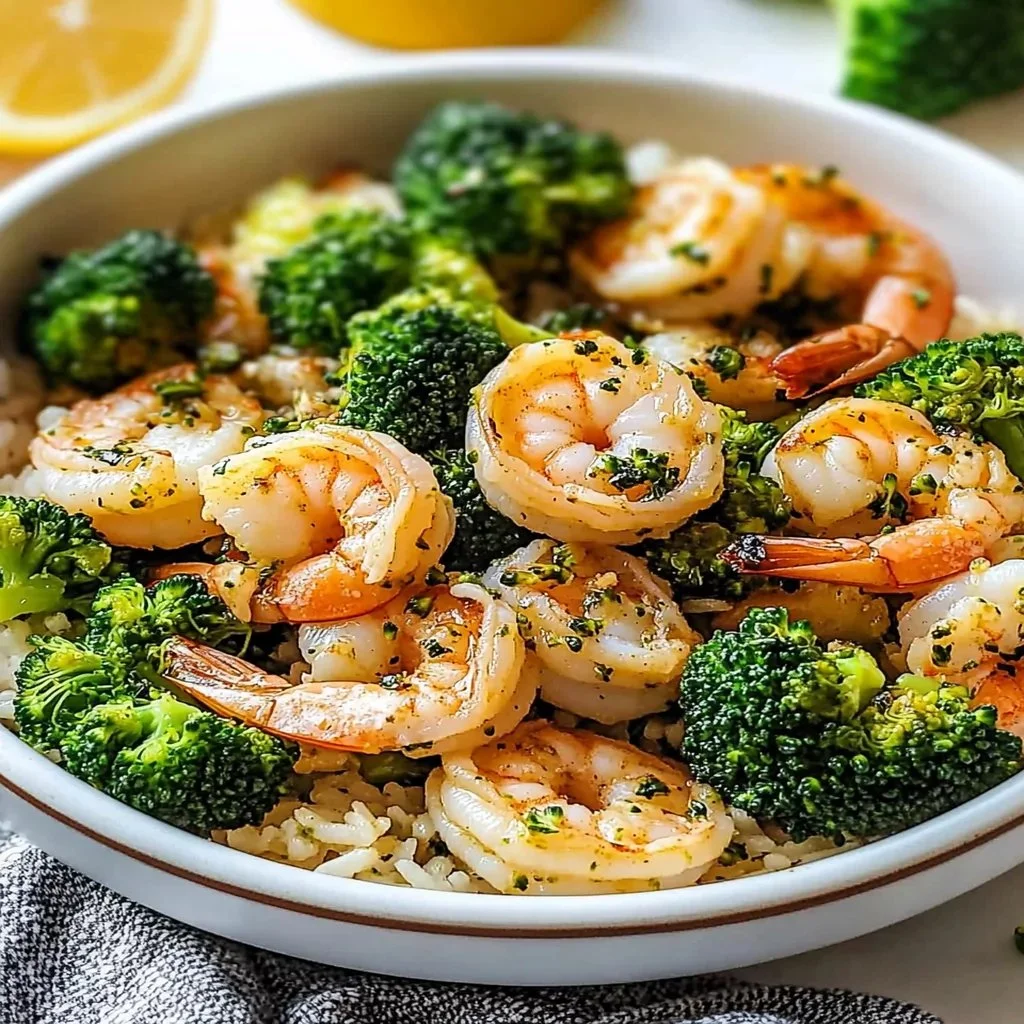 Delicious serving of garlic butter shrimp with broccoli rice