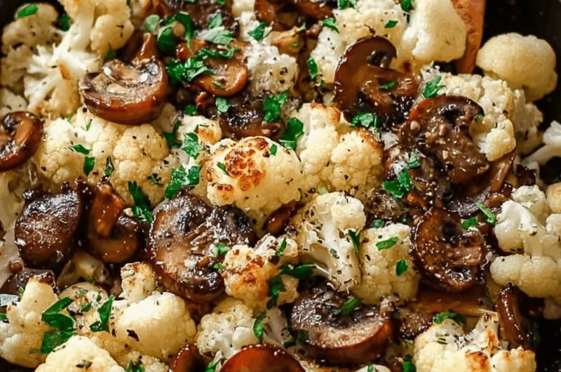 Delicious Garlic Cauliflower Mushroom Skillet with fresh vegetables