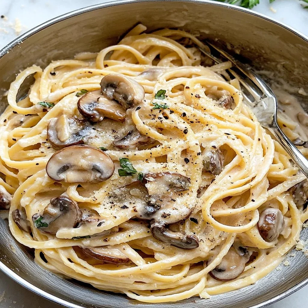 Plate of Garlic Mushroom Pasta with herbs and cheese