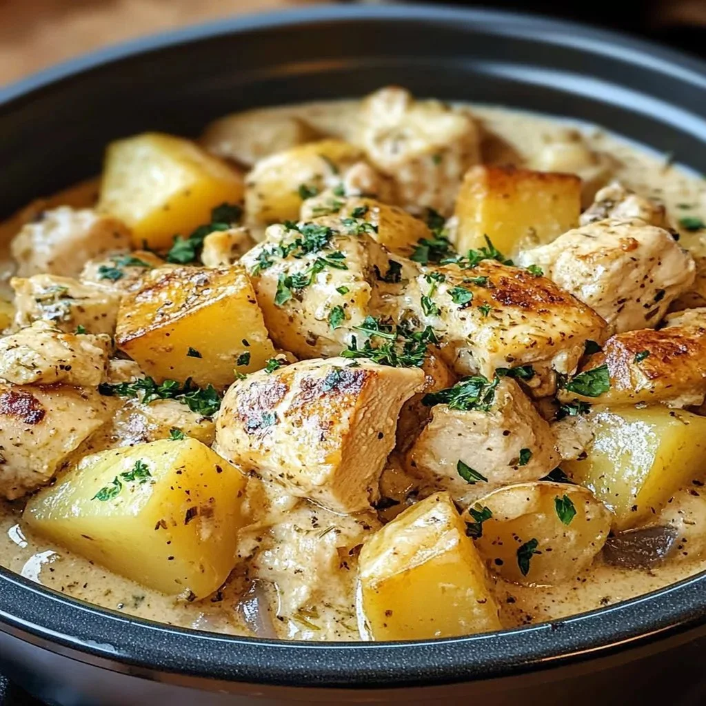 Delicious Garlic Parmesan Chicken with potatoes in a crockpot