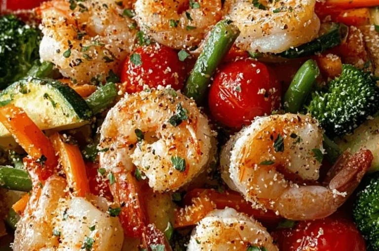 Garlic Parmesan shrimp with colorful veggies served on a plate