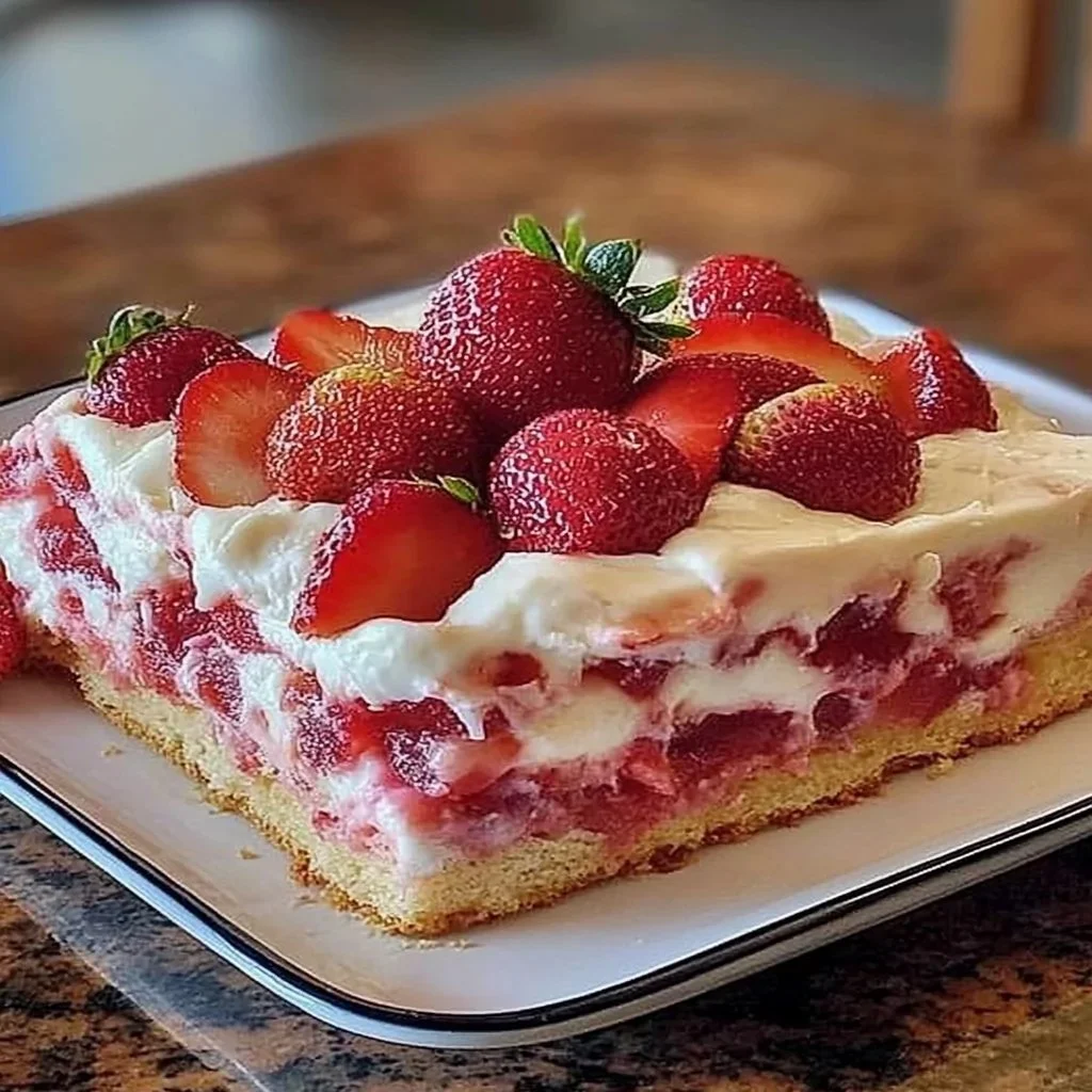 Gooey strawberry earthquake cake with a rich, delicious appearance