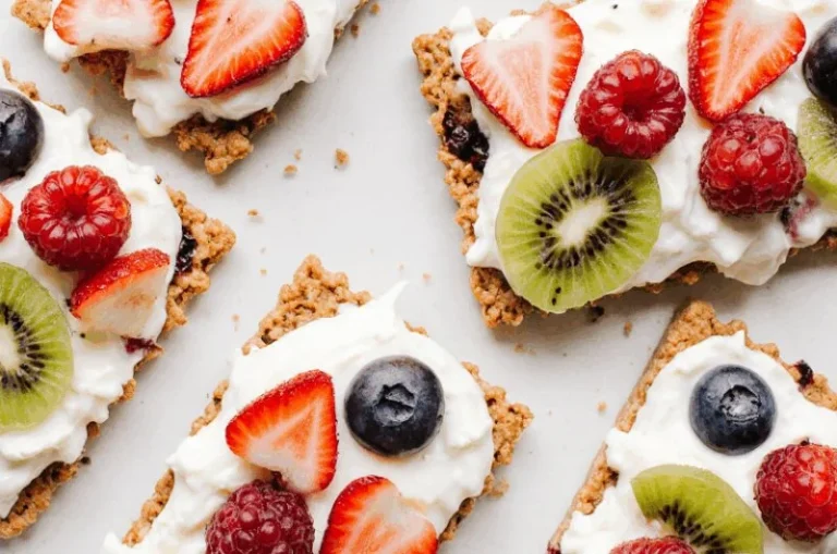 Graham Cracker Fruit Pizzas topped with fresh fruit slices