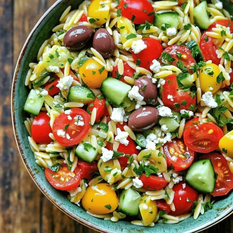 Delicious Greek Orzo Salad with Feta, fresh vegetables, and herbs.