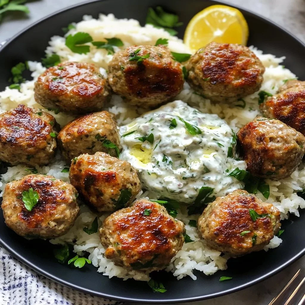 Delicious Greek Turkey Meatballs served with creamy Tzatziki sauce