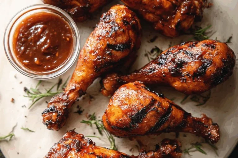 Grilled BBQ chicken drumsticks on a platter with barbecue sauce