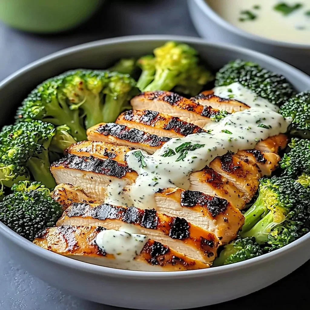 Grilled chicken and broccoli bowls with creamy garlic sauce served in a bowl.