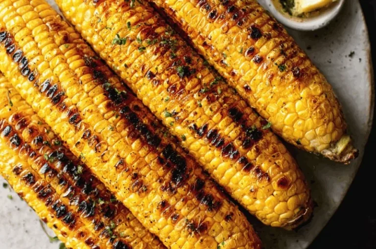 Delicious grilled corn on the cob served with seasonings