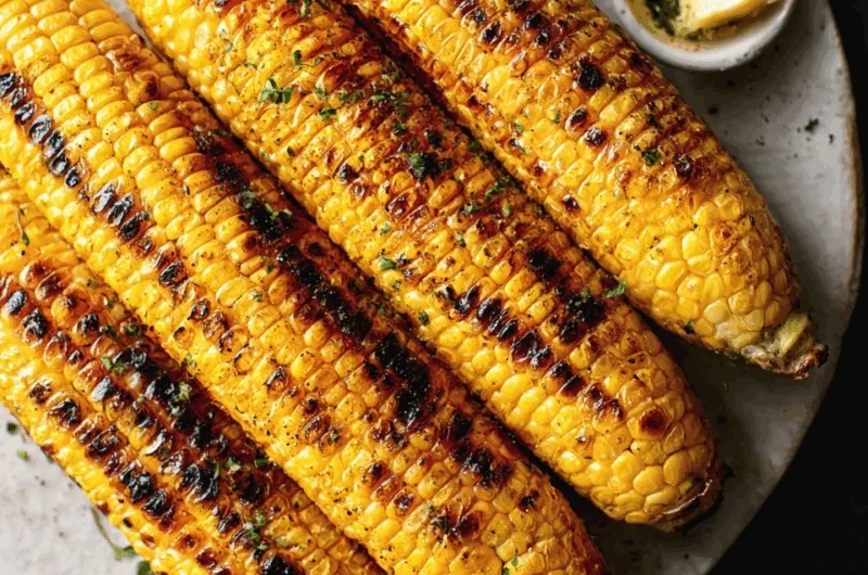 Grilled corn on the cob garnished with herbs and spices on a barbecue grill.