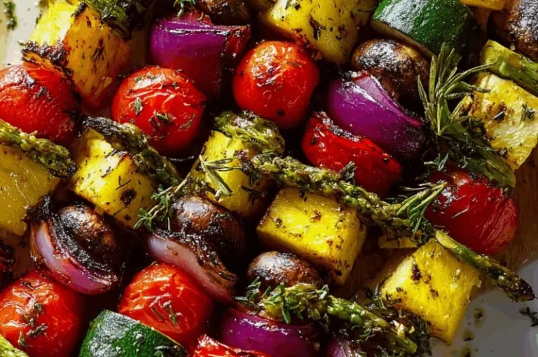 Colorful grilled veggie skewers with bell peppers, zucchini, and mushrooms