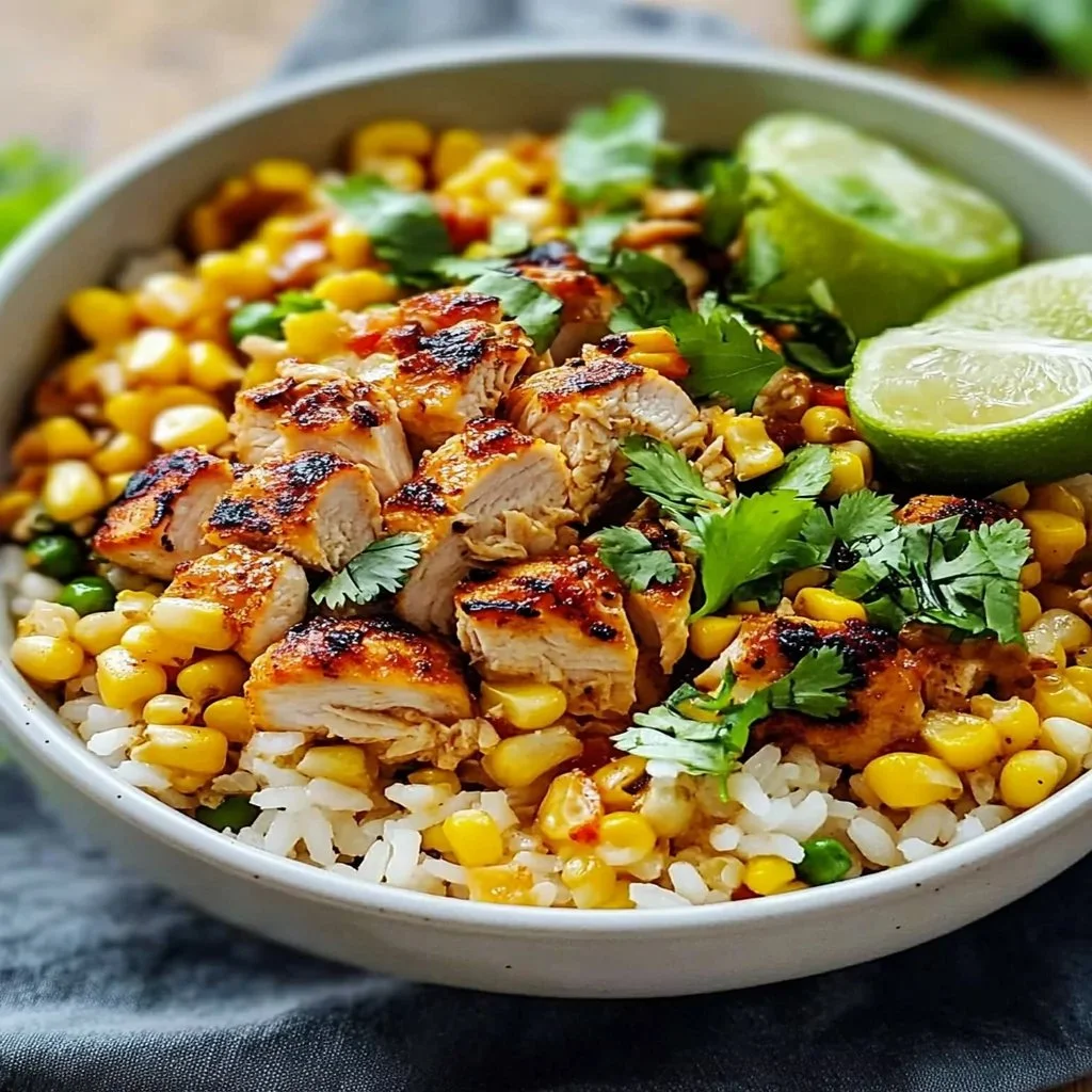 Healthy street corn chicken rice bowl topped with fresh ingredients