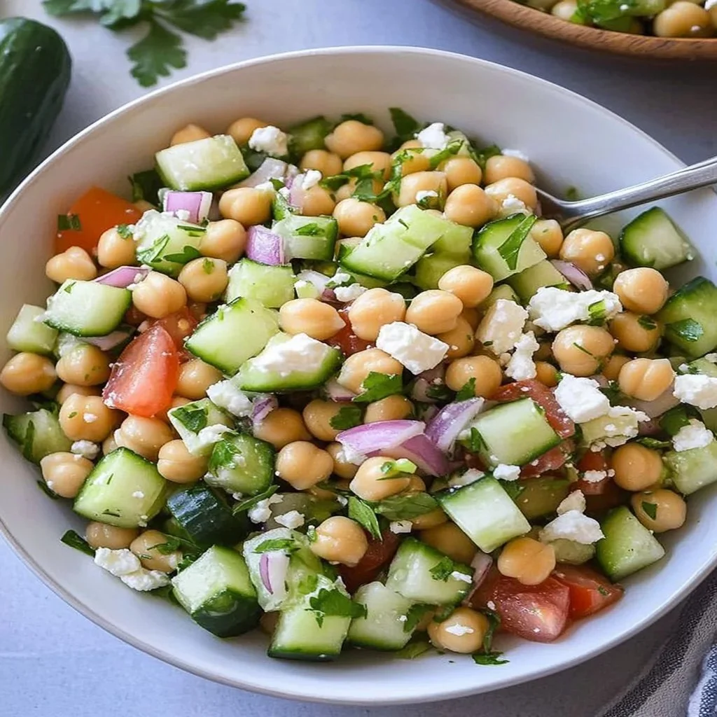 Healthy chickpea cucumber salad with feta cheese and tomatoes in a bowl