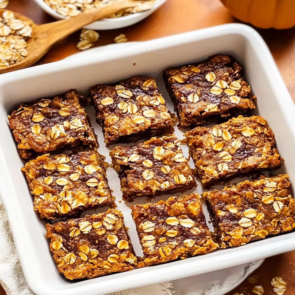 Healthy pumpkin oatmeal bars topped with nuts and seeds ready to eat.
