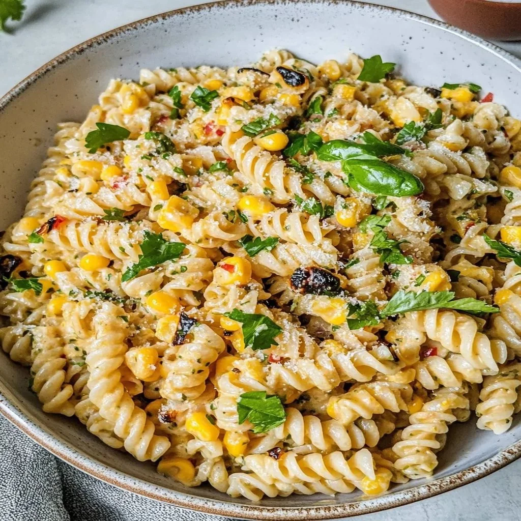Healthy Street Corn Pasta Salad with vibrant vegetables and pasta