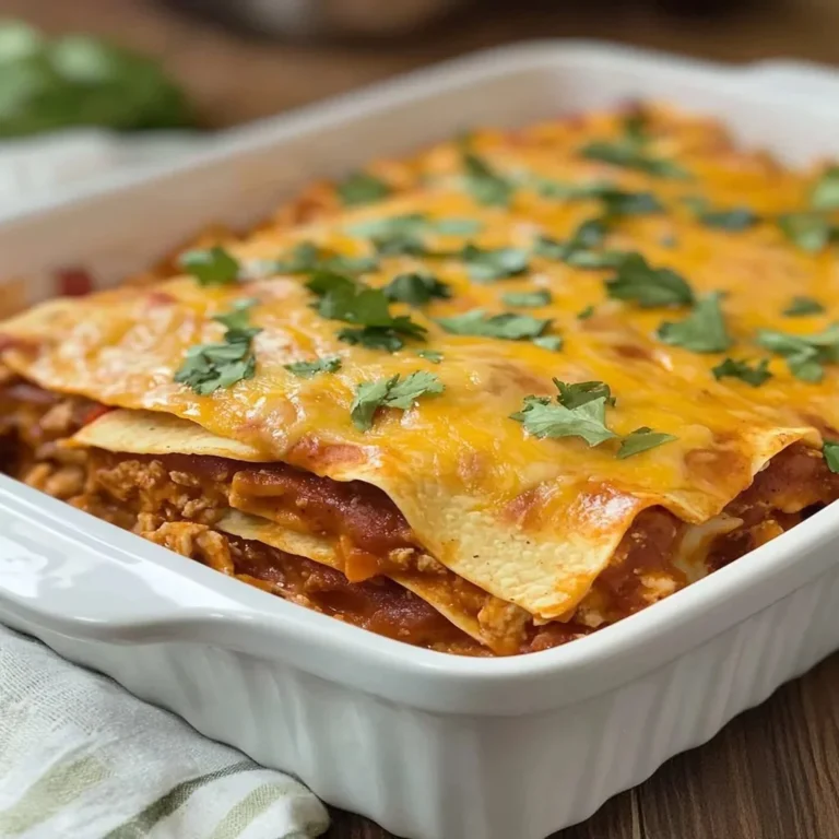 Hearty crockpot chicken enchilada casserole topped with cheese and fresh ingredients