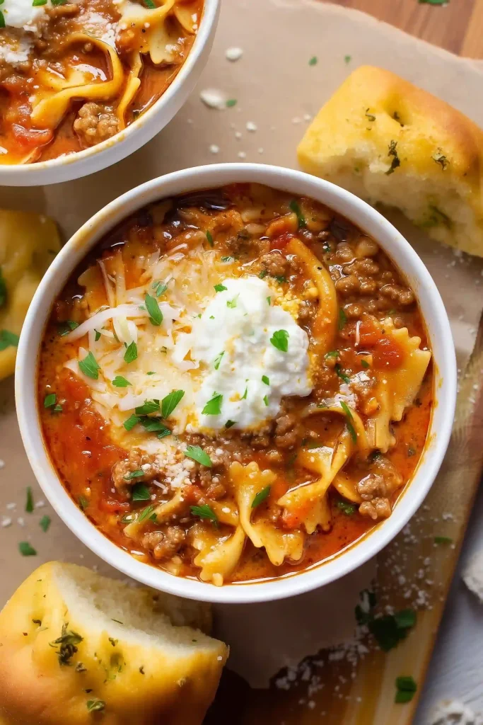Bowl of hearty lasagna soup with bow tie pasta and cheese on top