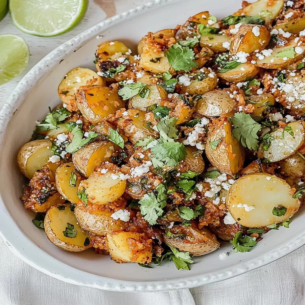 Herbed roasted potato salad served in a bowl, garnished with fresh herbs.