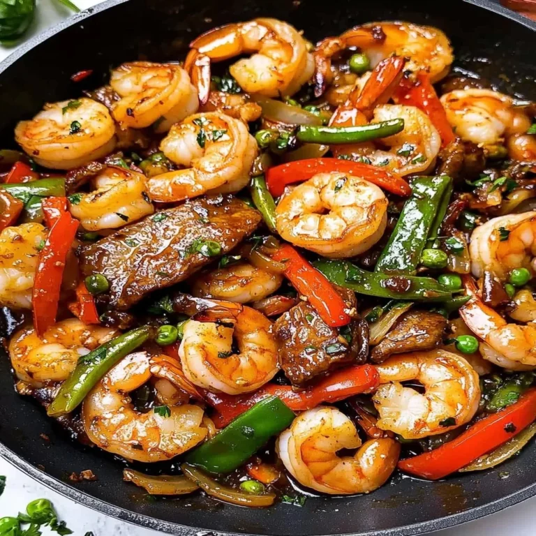 High-protein steak and shrimp stir-fry with colorful vegetables in a skillet