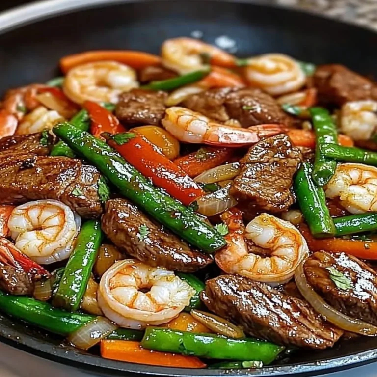 High-protein steak and shrimp stir-fry with colorful vegetables